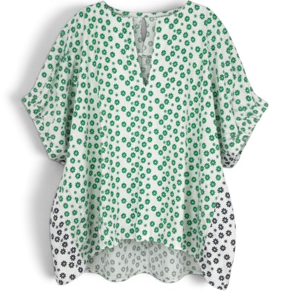 Tish Cox Kloe‎ Floral Blouse Green Navy White V-Neck Oversized Dolman Sleeve L